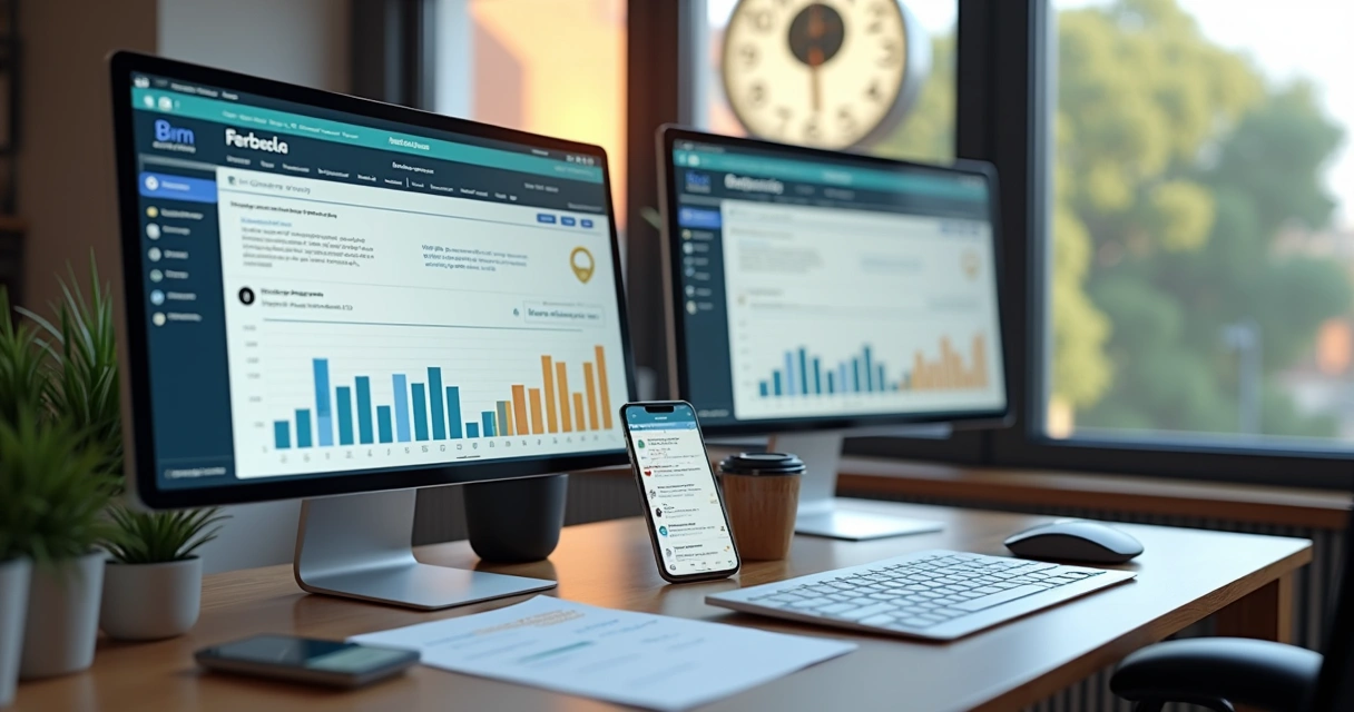 Representação de atendimento rápido em imobiliária com destaque para computador, celular e gráfico de leads perdidos