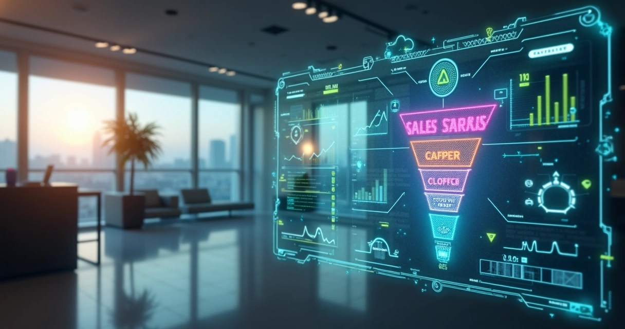 Representação digital de inteligência artificial automatizando vendas imobiliárias em tela com gráficos e funil de vendas