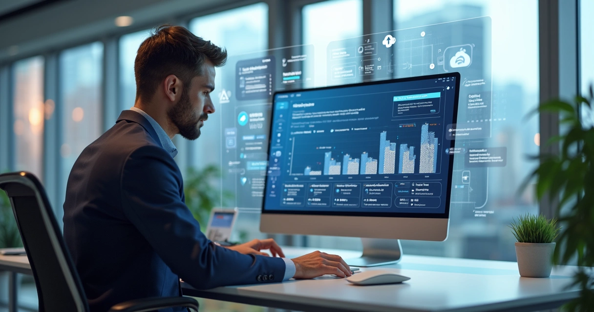 Representação realista de um agente imobiliário interagindo com inteligência artificial no computador para automatizar vendas e gerenciar leads com sistema CRM integrando agendamentos e mensagens pers