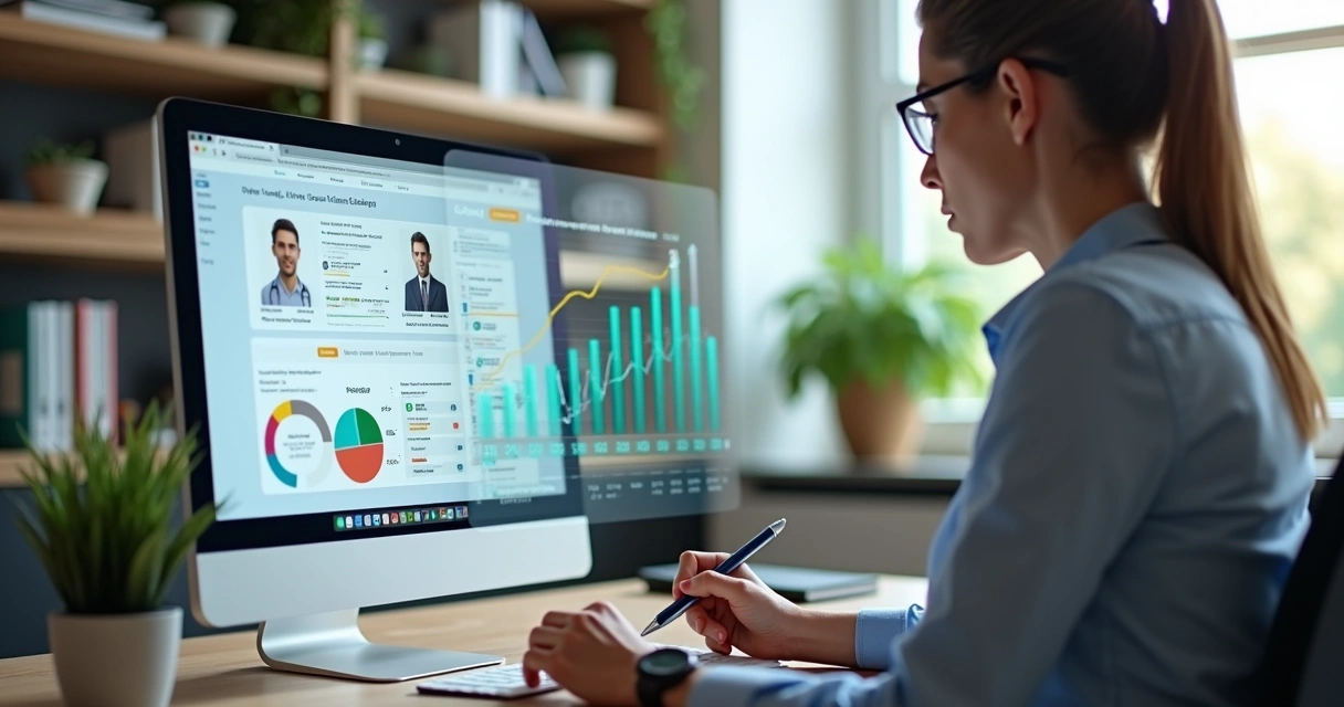 Corretor imobiliário analisando perfil de clientes no computador com gráficos e dados ao fundo