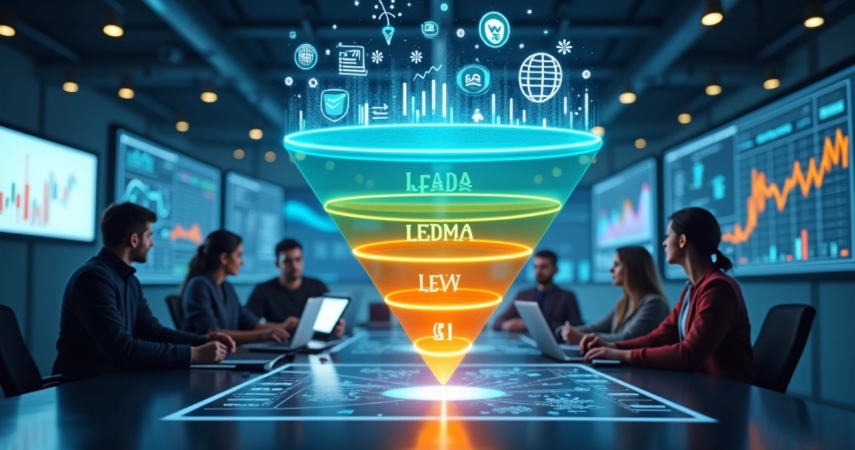 Gráfico detalhado de funil de vendas em três etapas com indicadores e ícones digitais coloridos