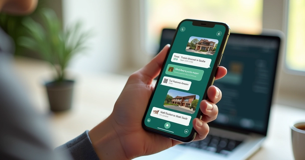 Teléfono celular mostrando conversa do WhatsApp com respostas automáticas para venda de imóveis
